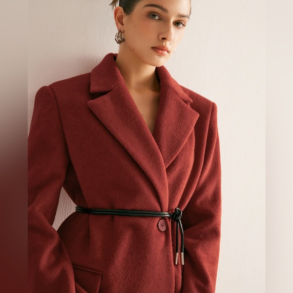 Red wool blend oversized drawstring tie belt blazer jacket - Picture 9 of 9